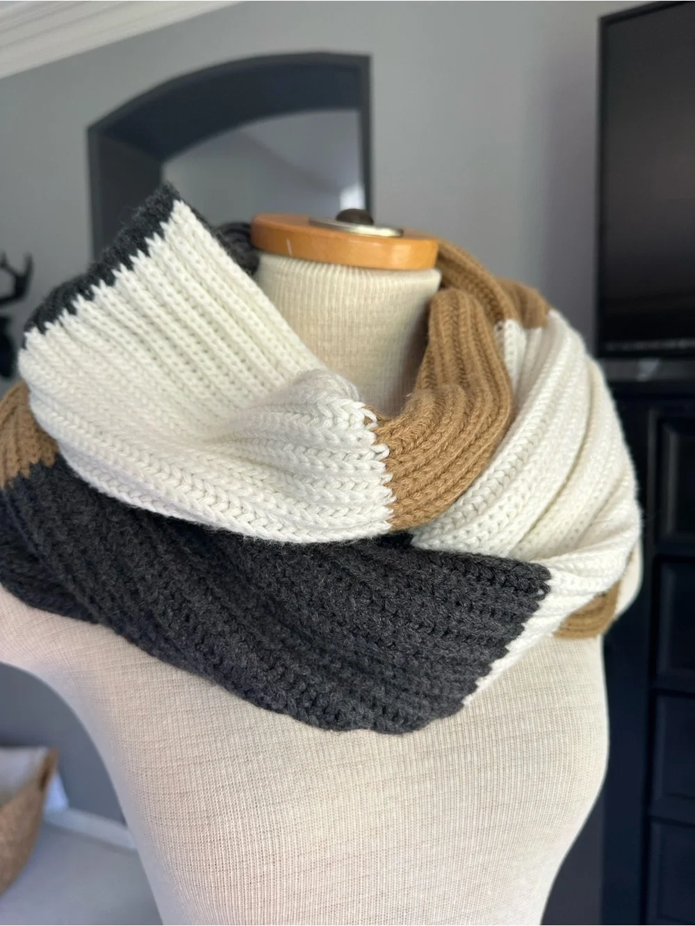 Michael Kors Cream, Camel & Charcoal Colorblock Ribbed Infinity Scarf